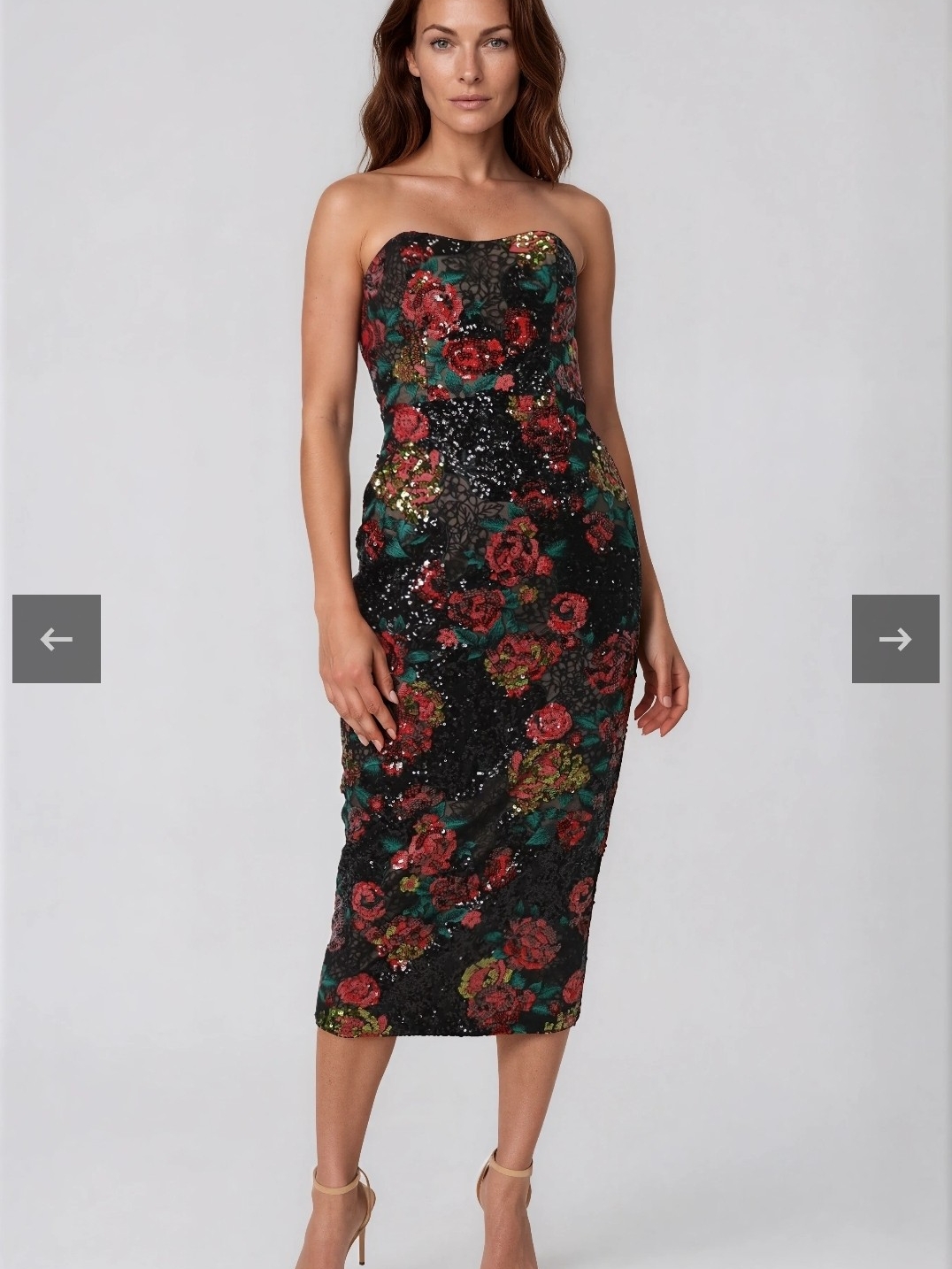 Rene Ruiz Strapless Black Floral Sequin Midi Dress